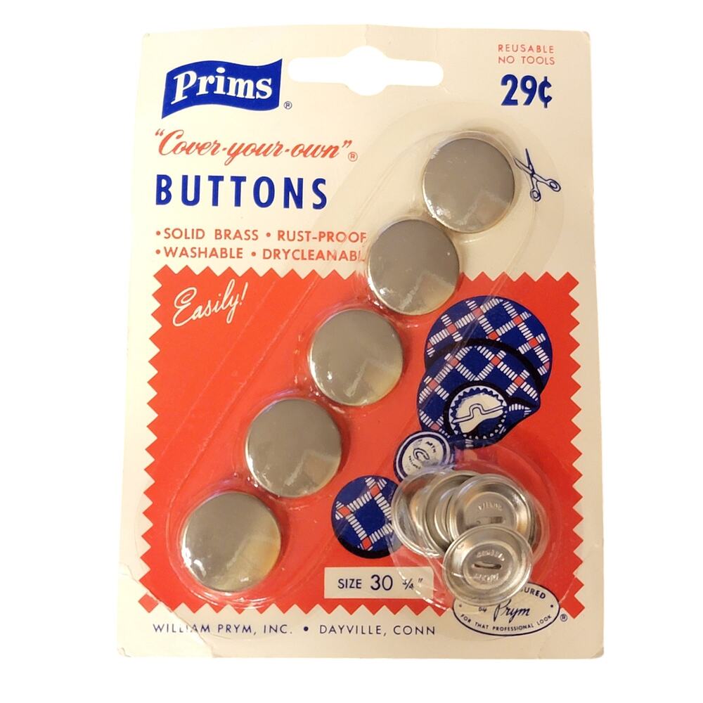 VTG 60s Prims Cover Your Own Buttons 5 ct Silver Tone Brass‎ 3/4" Size 30 NOS